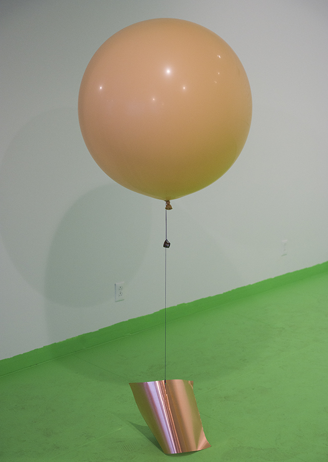  Chosil Kil  Sunday , 2015 Latex balloons, Hi-Float, helium, elastic cord, copper sheets, coins Dimensions variable 