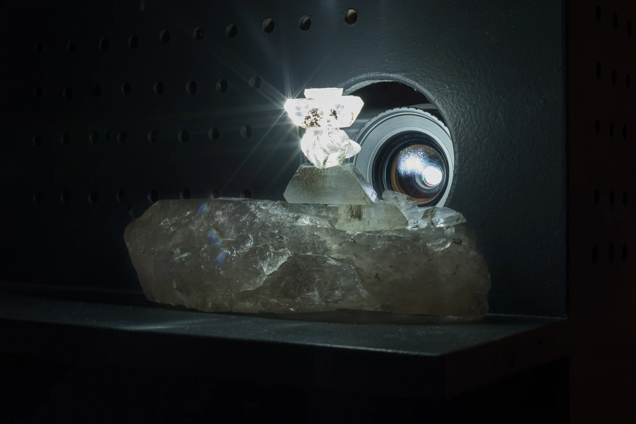 Tania Willard, Only Available Light , from the series Only Available Light , 2016. Archival film (Harlan I. Smith, The Shuswap Indians of British Columbia , 1928), projector, selenite crystals and photons. Film 8:44. Original composition by Leela Gilday. Photo: Toni Hafkenscheid.