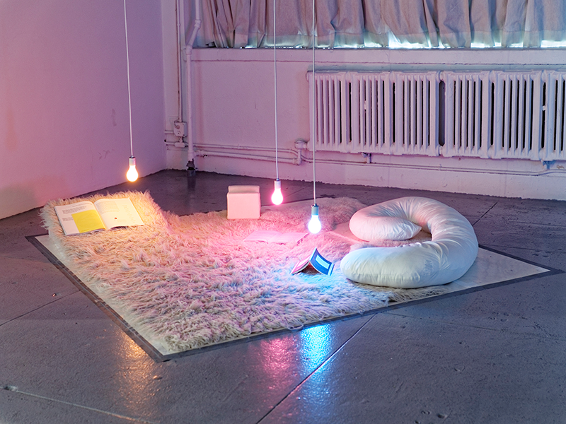  Marissa Perel,   How do you get from here to there,  2016. Marley, fabric, books, isometric pillows, lightbulbs. Dimensions variable. 