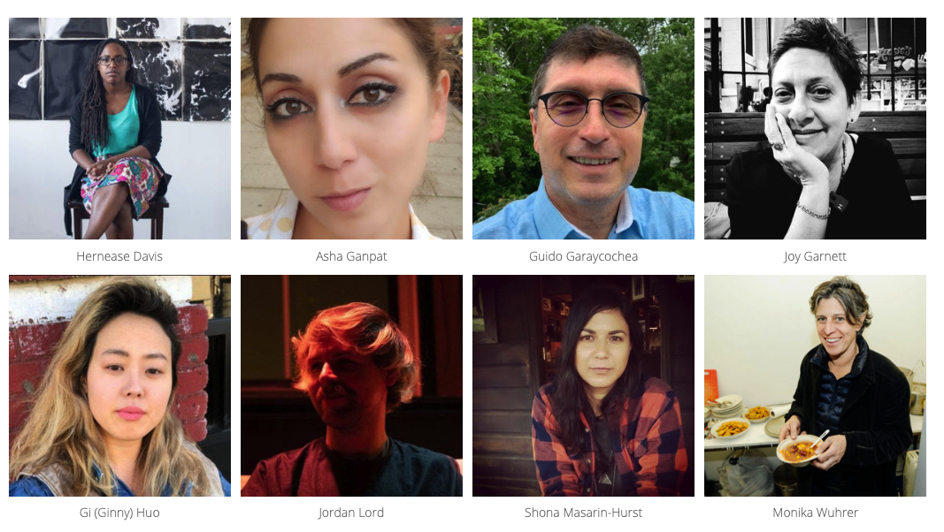 Pictured, 2019/20 SHIFT Residents: Hernease Davis (The Joan Mitchell Foundation), Asha Ganpat (Independent Curator/Montclair State University), Guido Garaycochea (Queens Museum), Joy Garnett (National Coalition Against Censorship), Ginny Huo (The Studio Museum in Harlem), Jordan Lord (The Graduate Center, CUNY/photo credit: Mengwen Cao), Shona Masarin (More Art), Monika Wuhrer (Open Source Gallery)