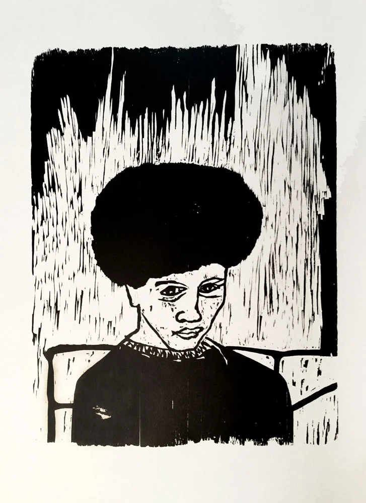 Self Portrait '73; Printed: 2017, 30 x 22 in. Edition: 20. Blocked Carved in 1973, not editioned.