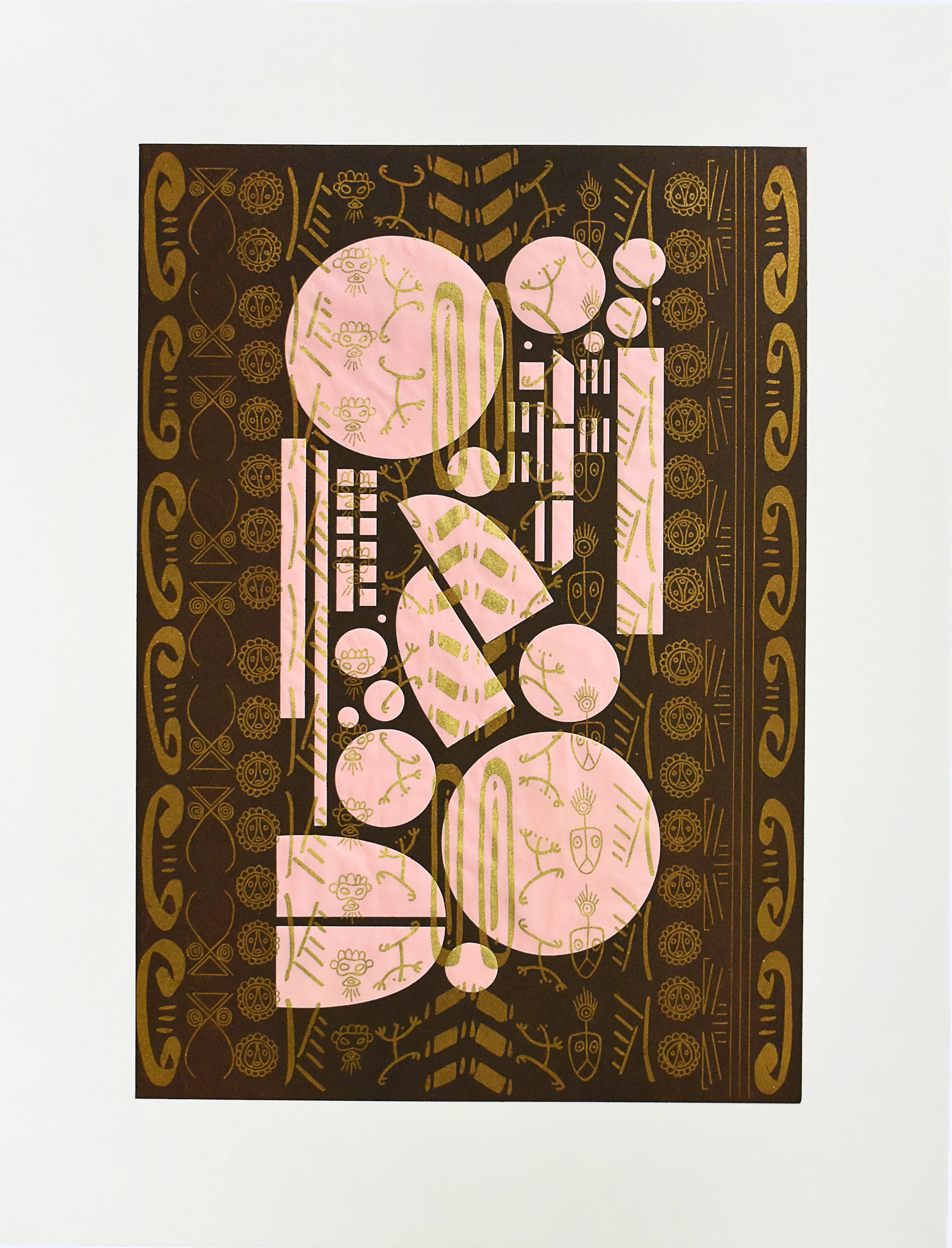 GLENDAYLS MEDINA BrownPinkTaínoBlackGold 2018  Photolithograph printed in gold ink on pink Yatsuo paper, flocked with gold pigment. Overprinted with brown relief roll from laser cut plexiglass; 26 x 20 in. Edition: 10