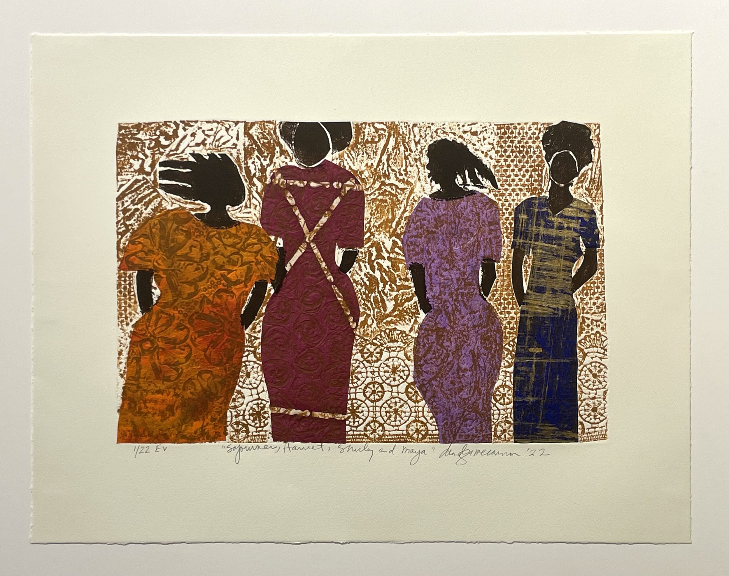 Sojourner, Harriet, Shirley and Maya 2022 Collagraph with Cine Collé