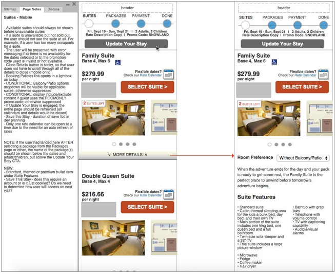 Select Suite page, mobile breakpoint, showing included annotations detailing business rules impacting the UX.