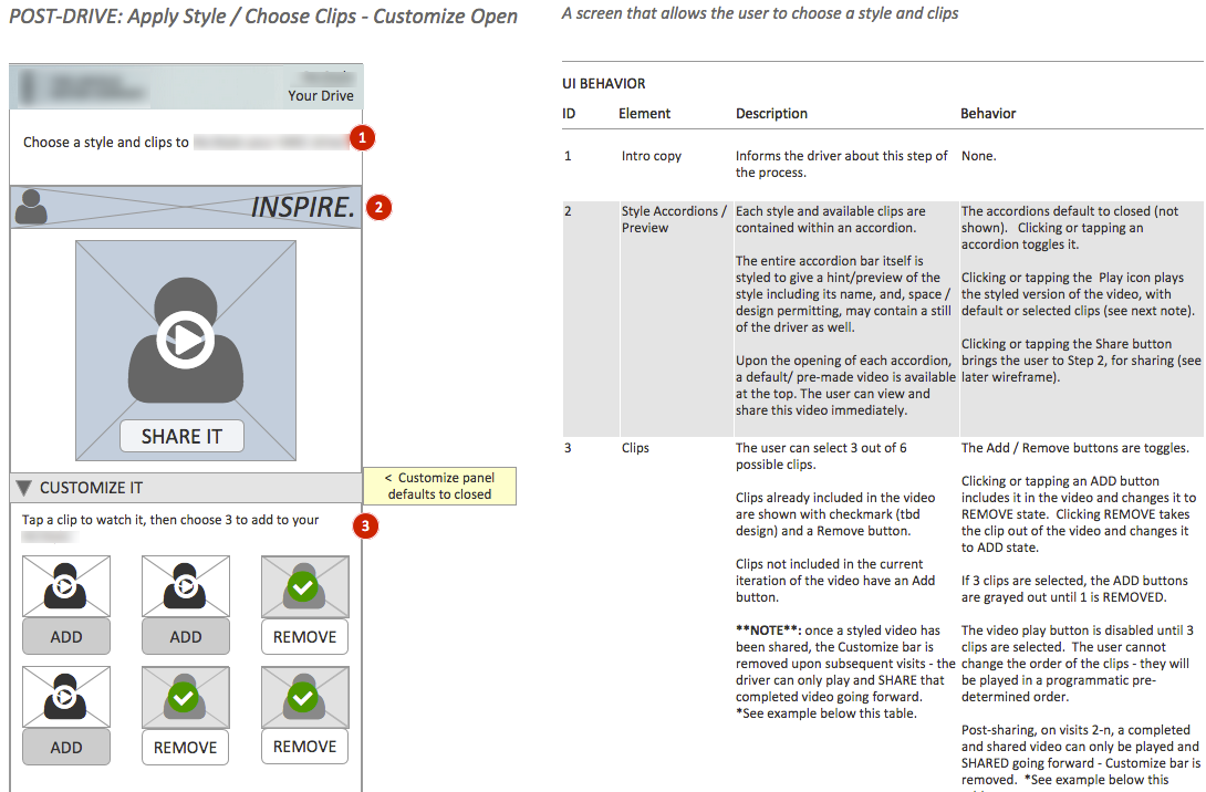Annotated wireframe of post-drive experience.
