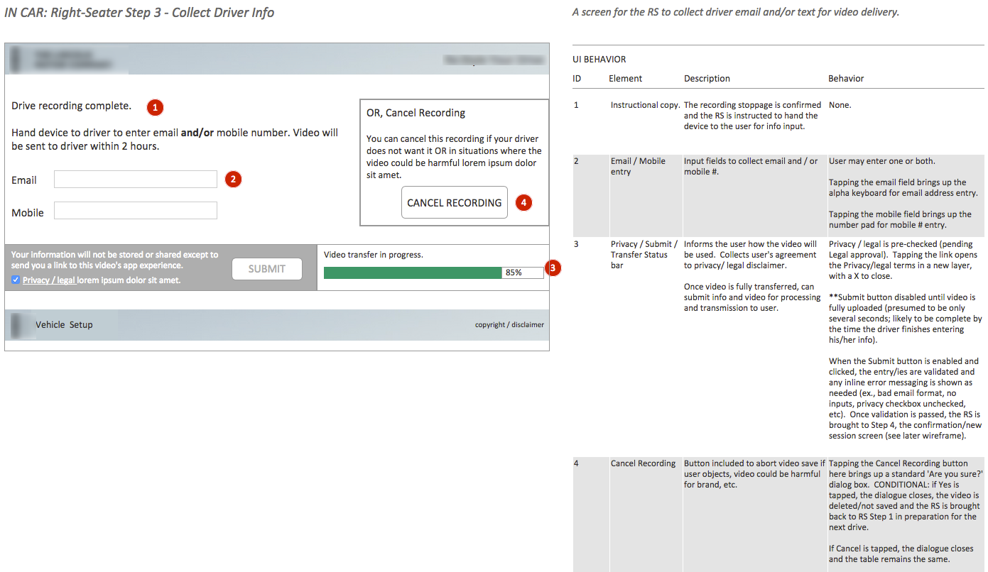 Annotated wireframe of driver info screen.