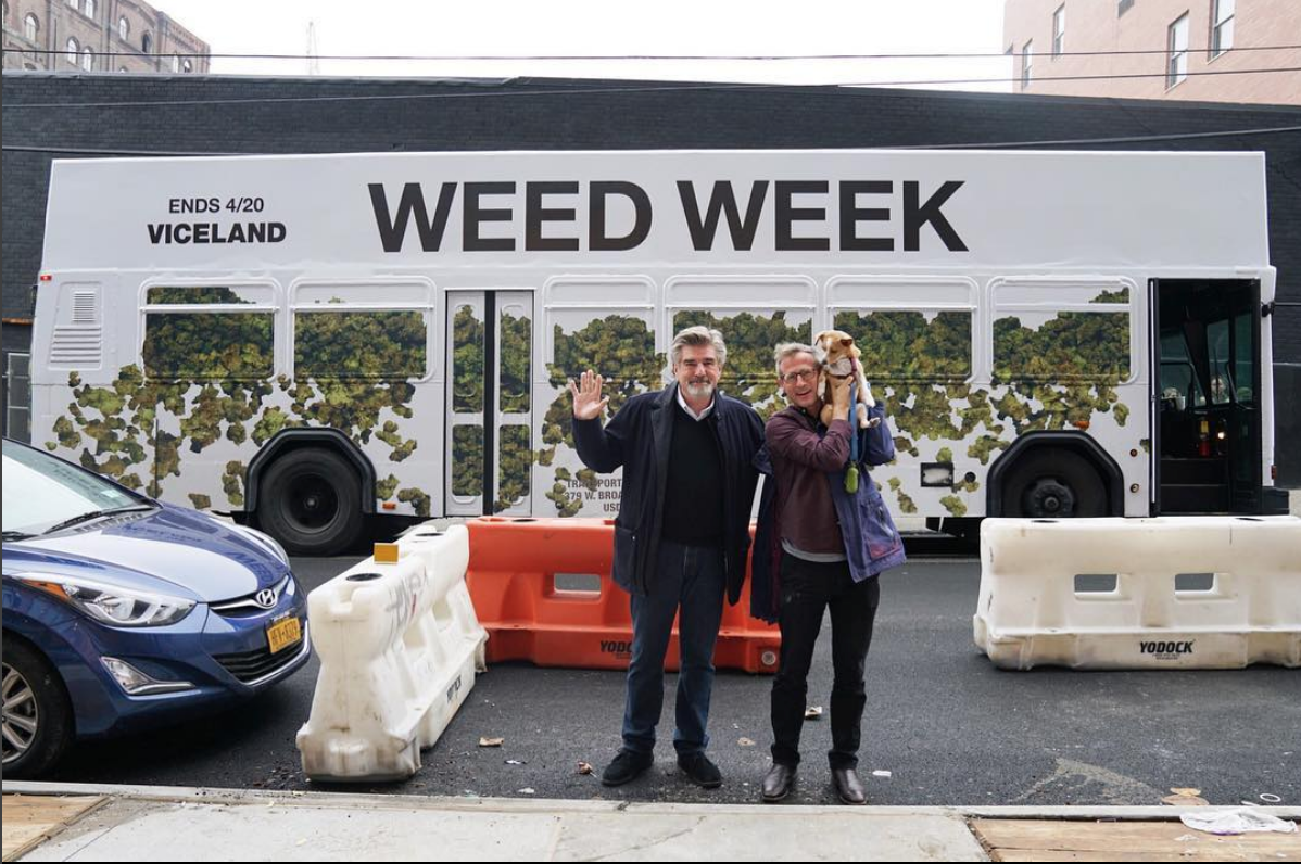 Tom Freston and Spike Jonze in front of the Weed Week bus