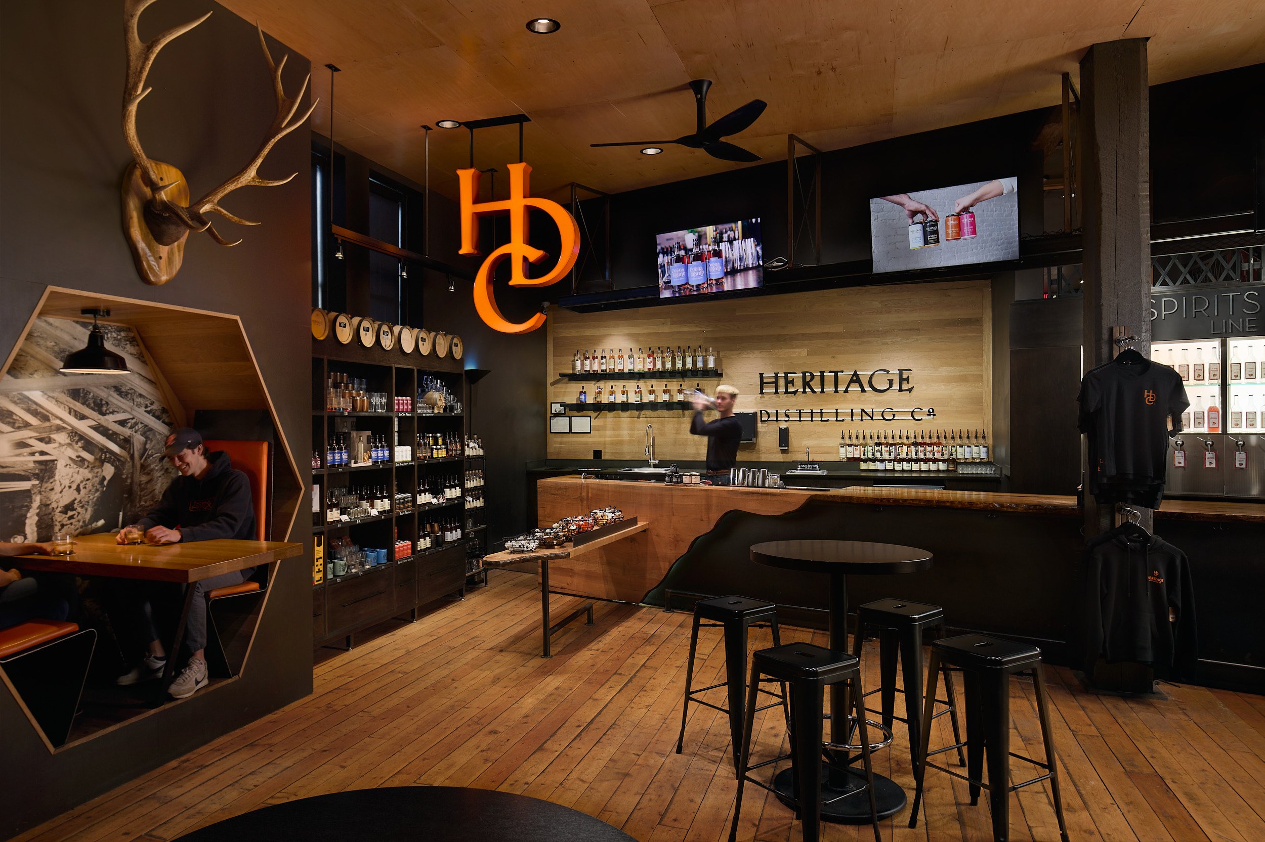 Architectural photography of Heritage Distillery Company Roslyn tasting and distillery in Roslyn, Washington, designed by fi architecture.