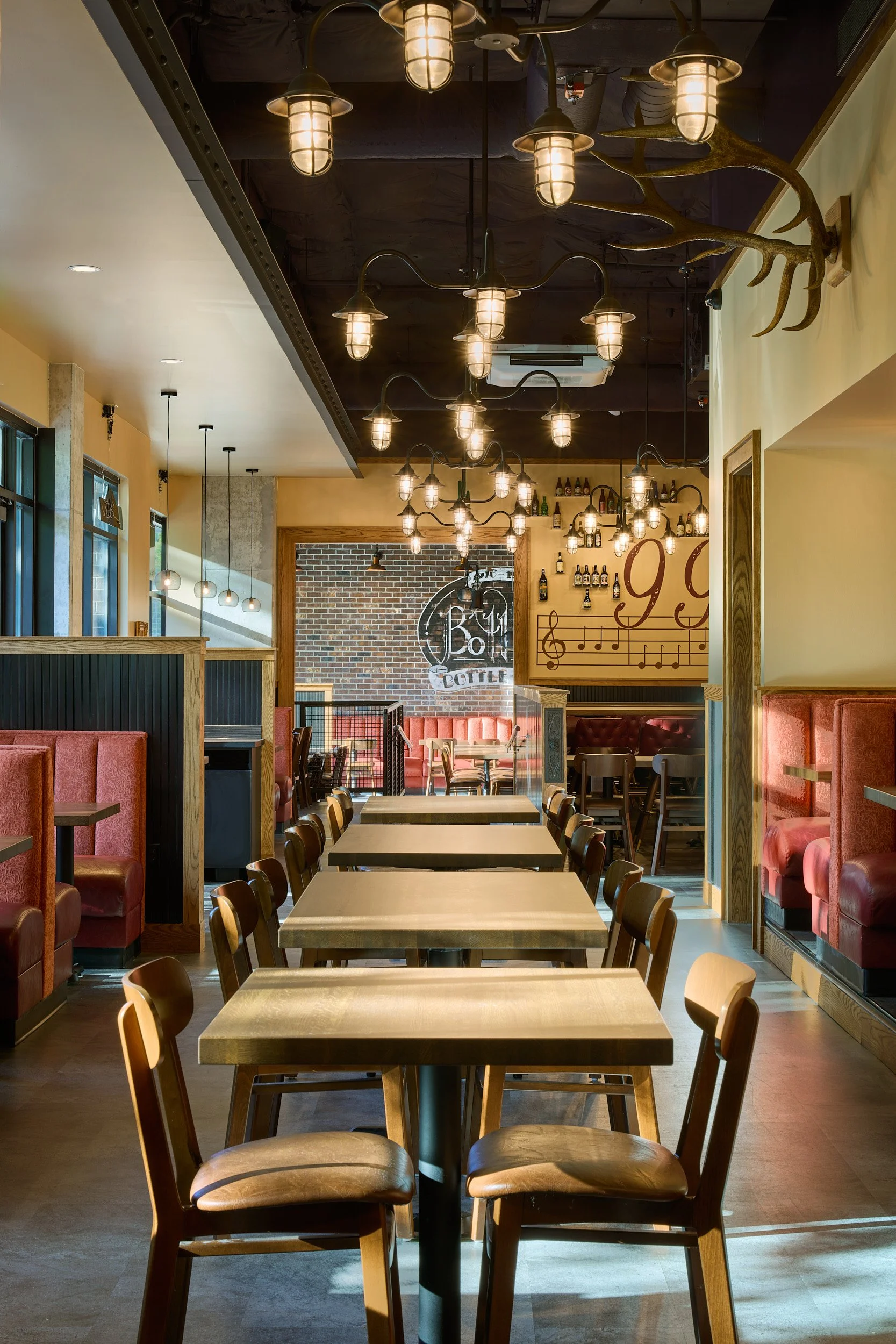 Interior architectural photography of Side Hustle Local restaurant and taproom in Bothell, Washington, designed by Sue Genty Interior Design.