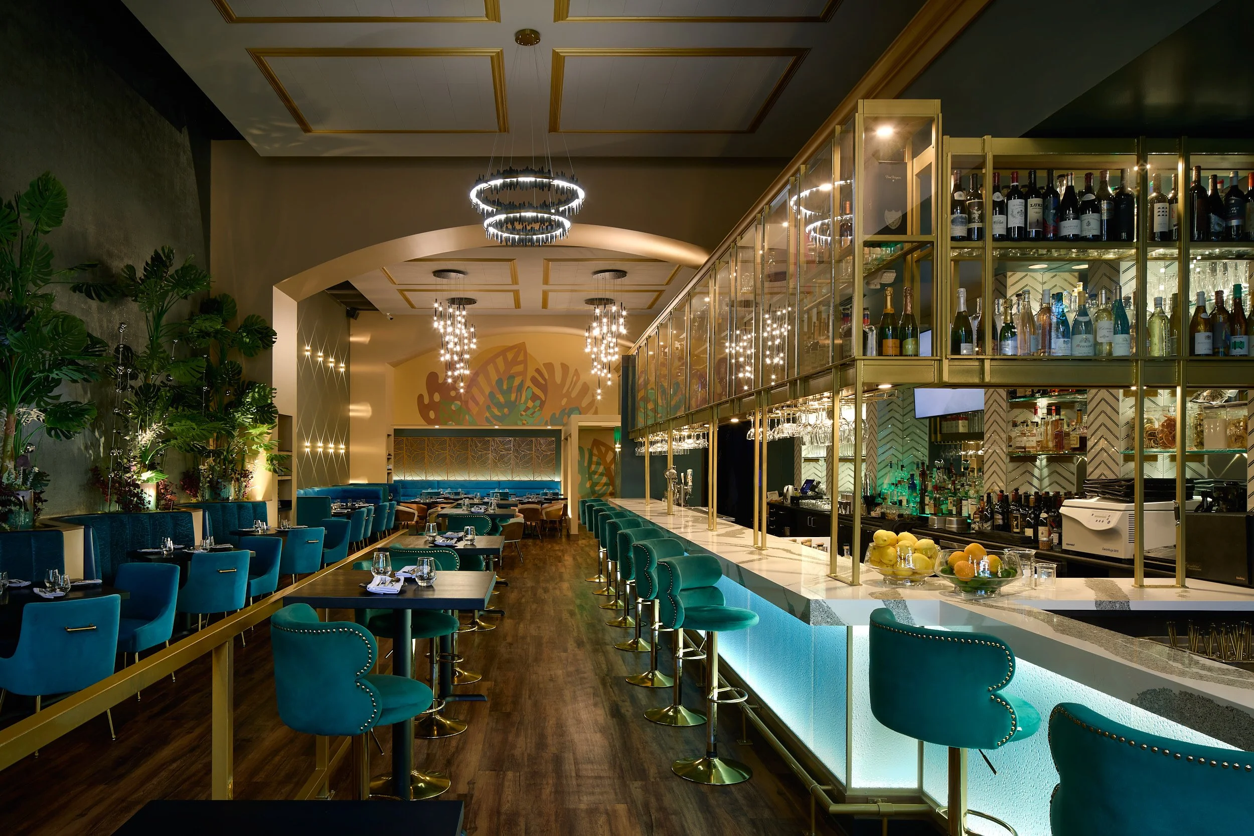 Grand interior architectural photography of the high-end Farzi Cafe restaurant in Bellevue, Washington, designed by Sue Genty Interior Design.