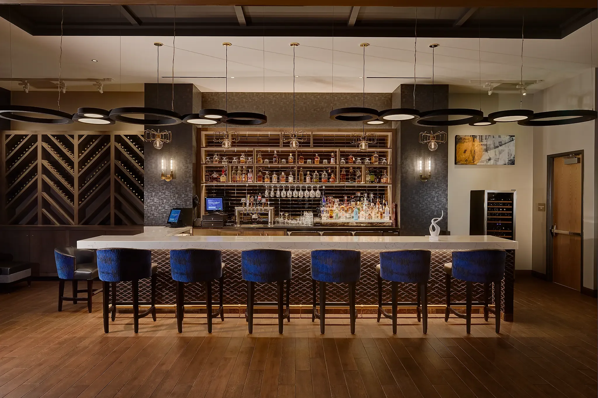 Architectural photograph of the Whiskey Prime Steakhouse bar inside the Angel of the Winds Casino in Arlington, Washington, designed by Cuningham Architects.
