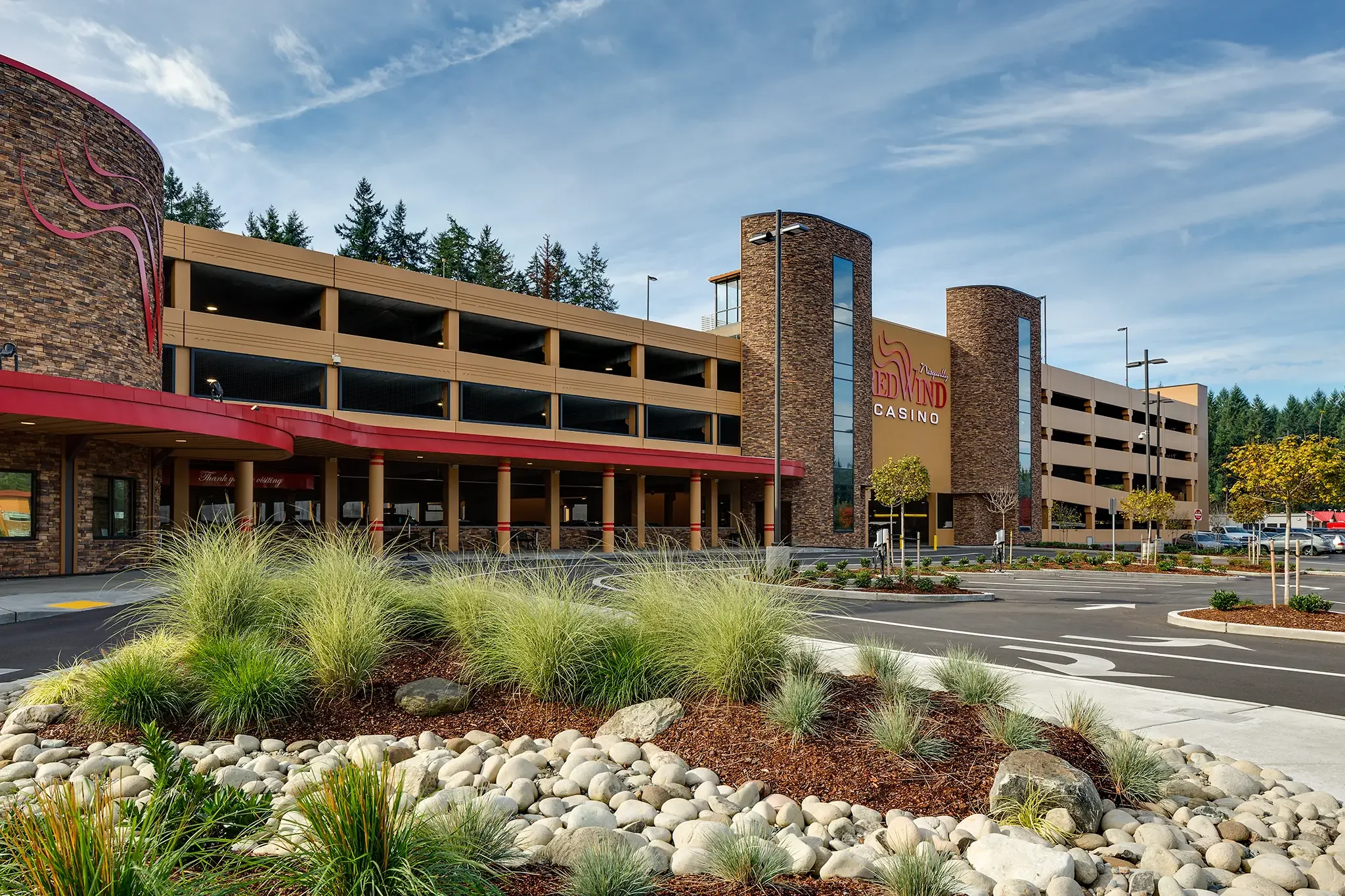 Exterior photo of the custom-designed parking structure facade at Nisqually Red Wind Casino, Olympia, WA, designed by KMB Architects.