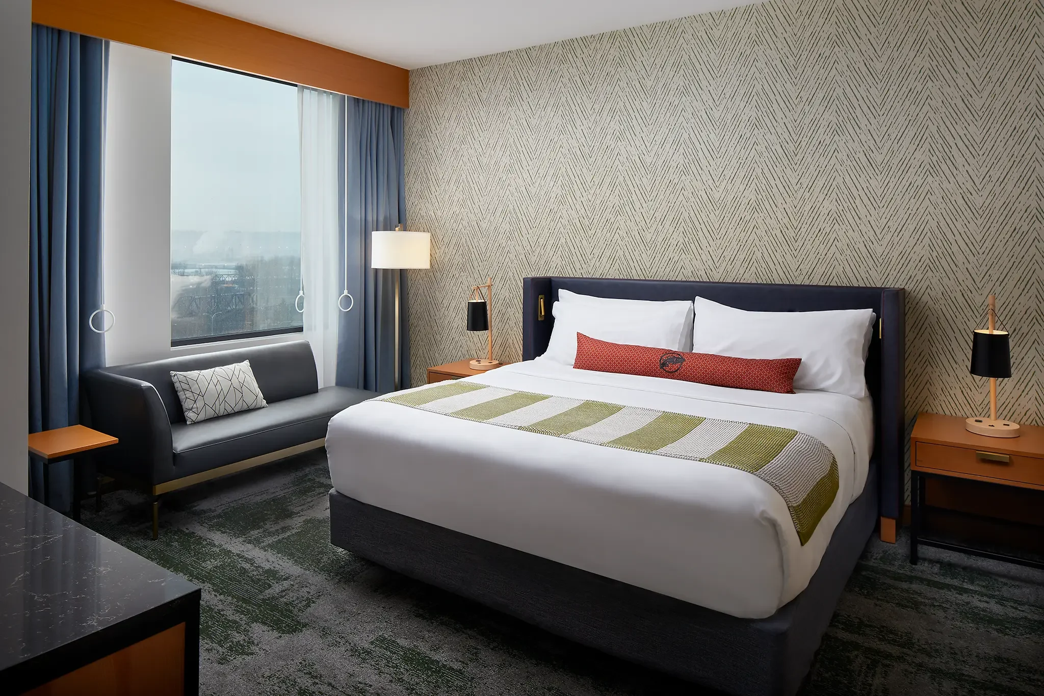 King guest room interior alternate room inside Emerald Queen Casino Hotel, Tacoma, WA, featuring custom FF&E and interior design by Cuningham Architects.