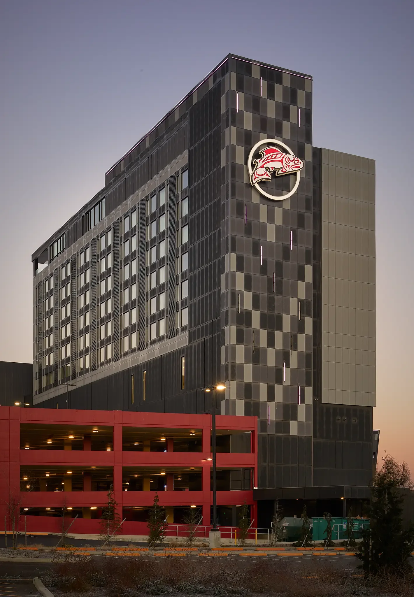 Architectural photograph of the exterior elevation of the Emerald Queen Casino Hotel in Tacoma, Washington, designed by Cuningham Architects.