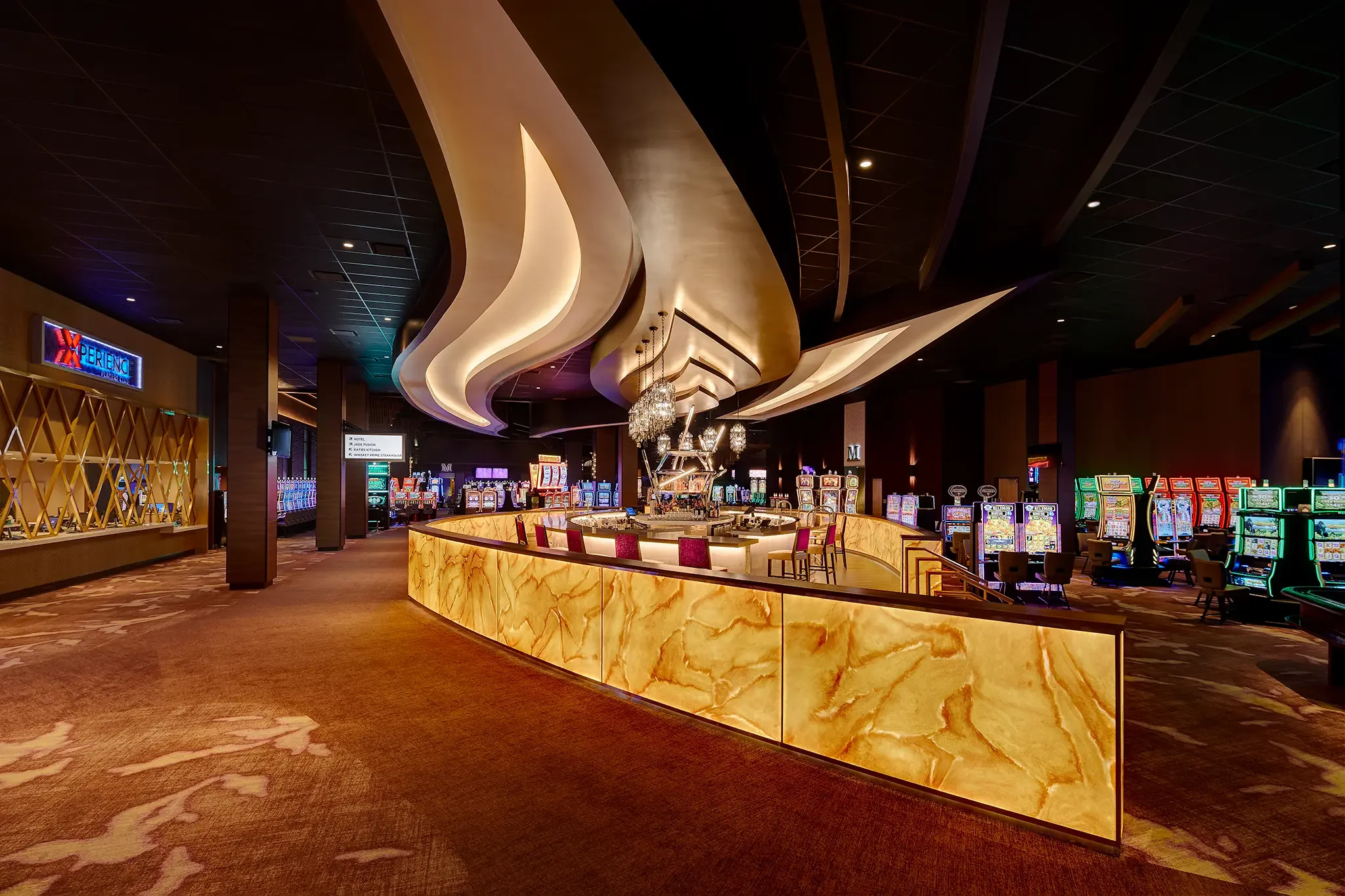 Gravity Bar interior: Celestial oasis and striking bar design at Angel of the Winds Casino, Arlington, WA, designed by Cuningham Architects.