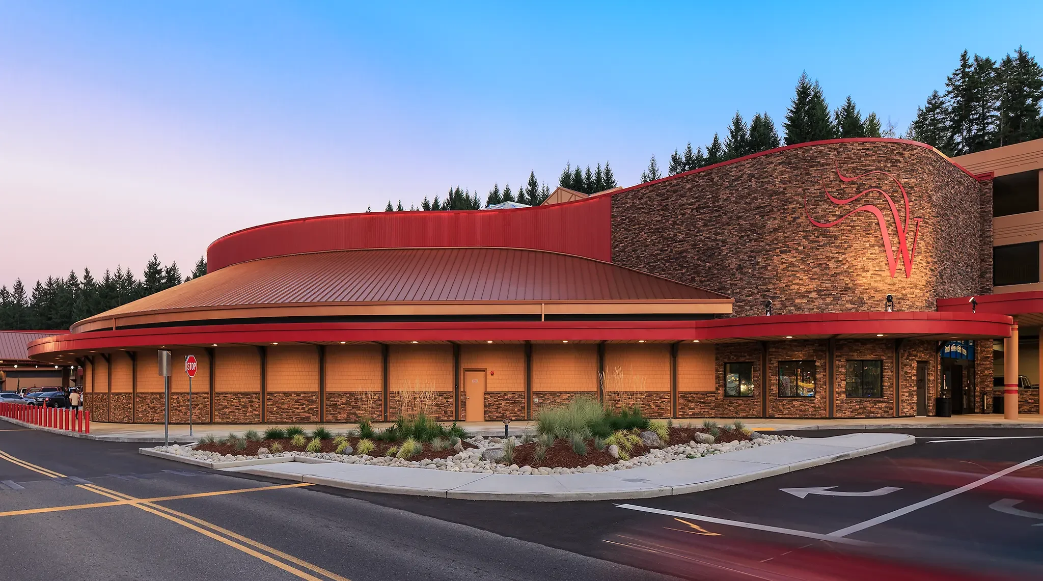 Dawn architectural photo of the new non-smoking casino exterior at Nisqually Red Wind Casino, Olympia, WA, designed by KMB Architects.