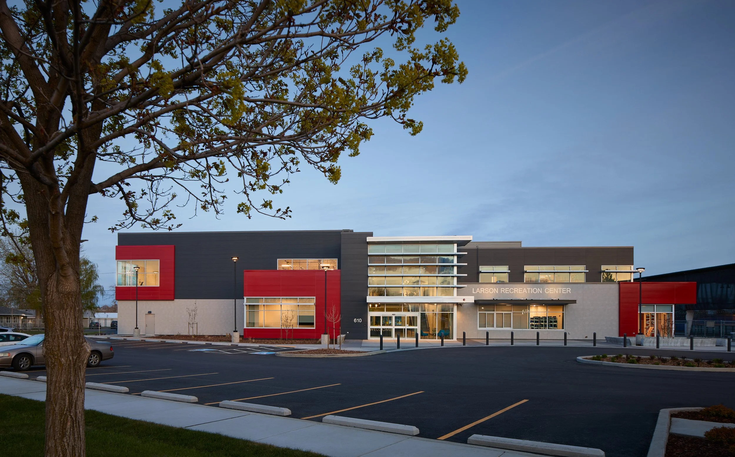 Dusk elevation Larson Recreation Center