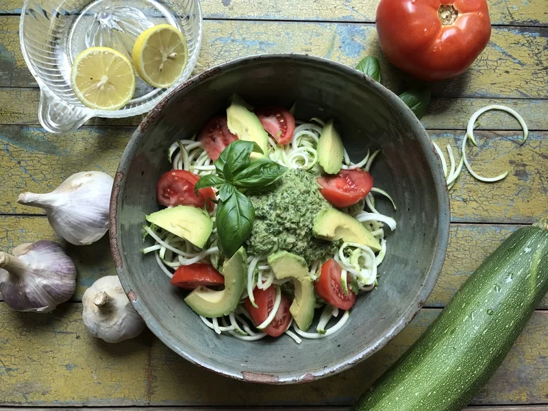      

 
    Basil Pesto Zucchini Noodles      Fresh basil pesto may be the best thing ever! The combination of peppery basil, pungent garlic, tart lemon juice, and a touch of sea salt combine for a flavor explosion in your mouth. Yes, it is that goo