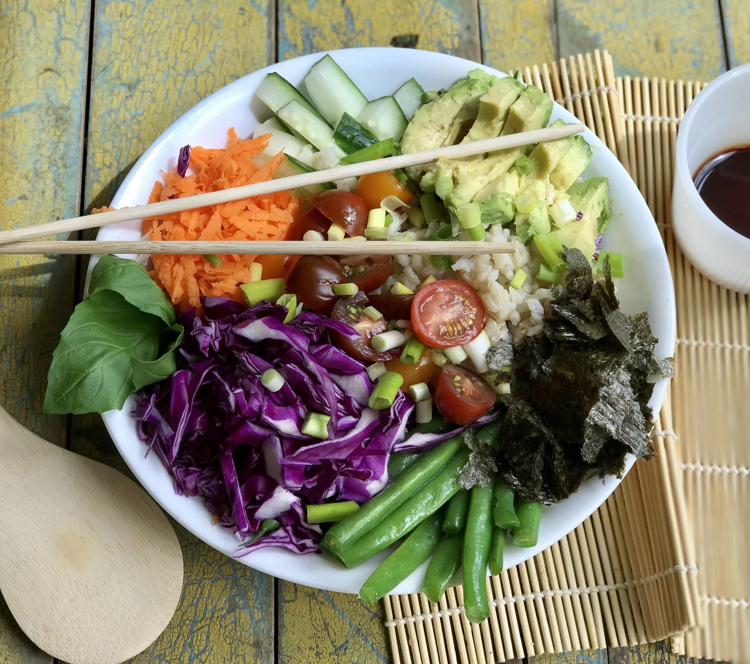      

 
    Sushi Bowl      Veggie Sushi is a quick and easy snack or meal. Of course it's only quick and easy when you buy it. I've attempted to make it at home a few times with some success but it usually ends up falling apart. &nbsp;So, why go th