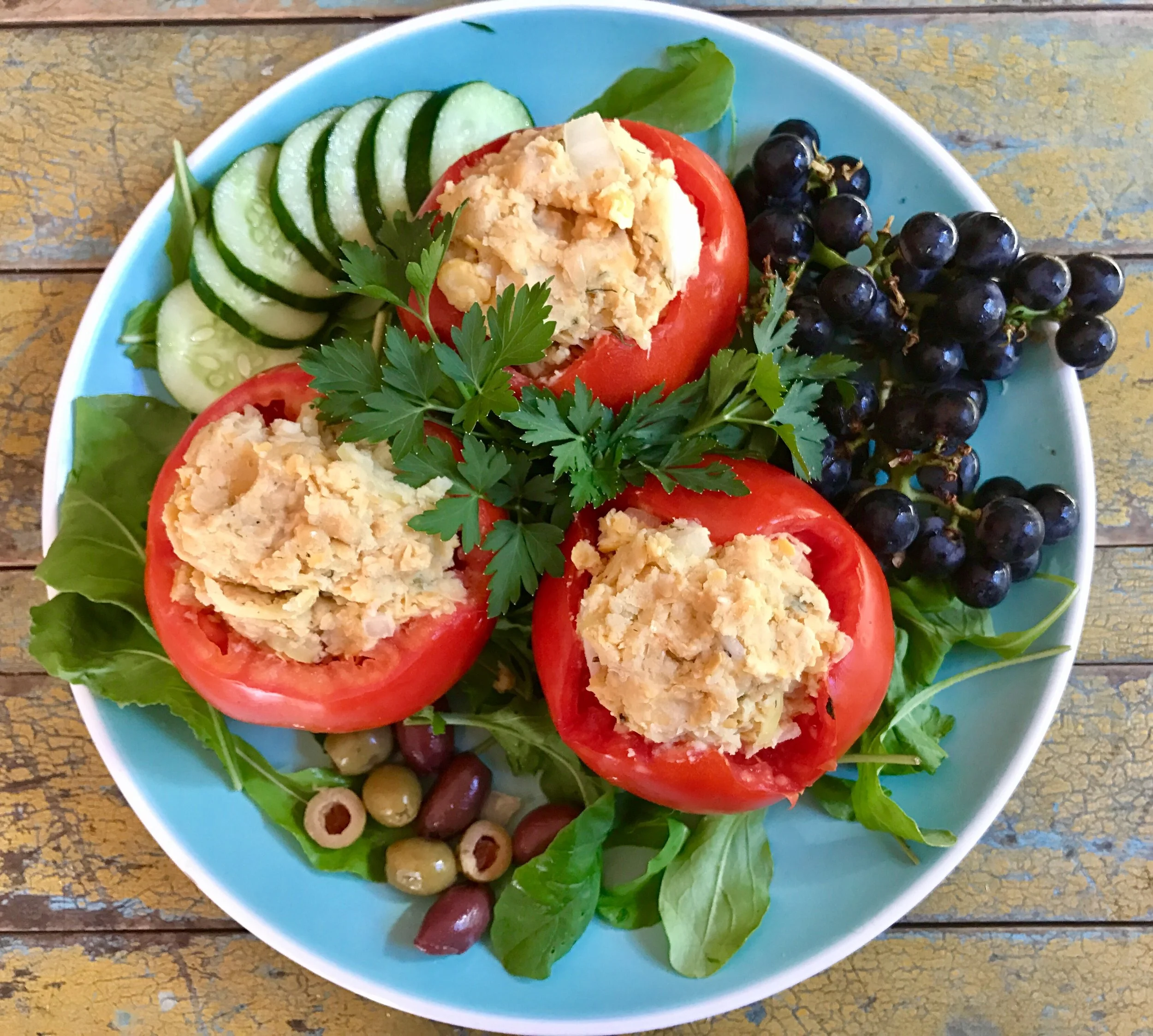      

 
   Chickpea "Tuna" Salad  Packed in a juicy ripe tomato, scooped high on a crunchy bed of lettuce, or just sandwiched between two slices of hearty grain bread, this tasty salad is perfect for lunch, dinner, or any time hunger strikes. Full o