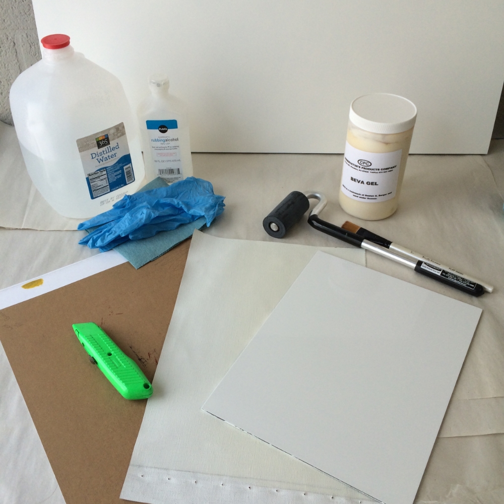 Distilled water, nitrile gloves, box cutter, rubber roller, paint brush, BEVA gel and rubbing alcohol and canvas panels.