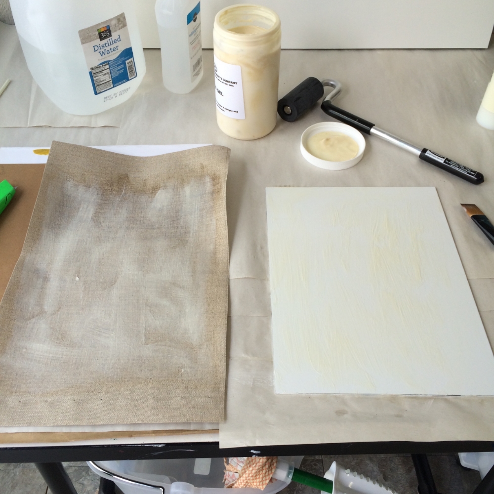 Distilled water, nitrile gloves, box cutter, rubber roller, paint brush, BEVA gel and rubbing alcohol and canvas panels.