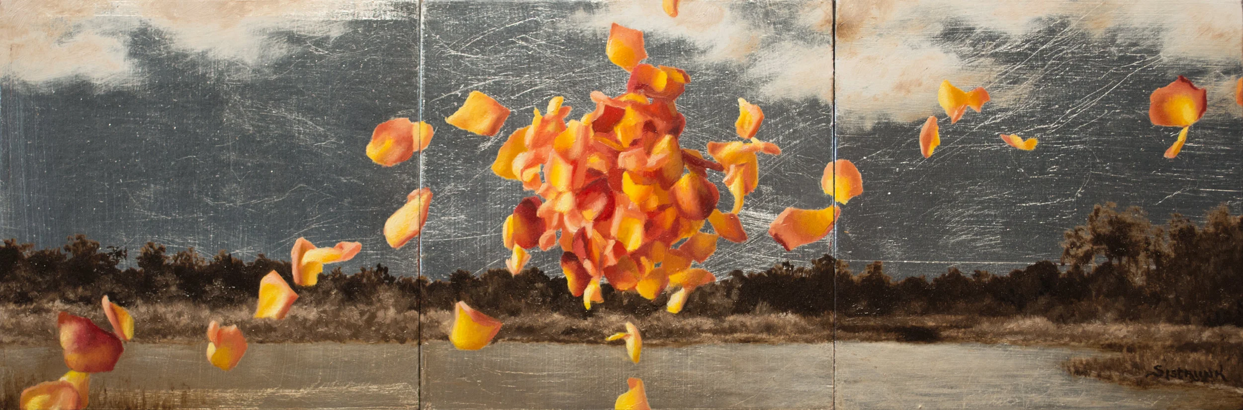 OriginThe beauty of flowers steeped in a touch of fantasy is my favorite creative center. "Origin" is the exploration of that idea as a wellspring that I hold so close to my heart as I create my paintings.5"x15" Triptych Oil on 3 Silver Gilded Panels