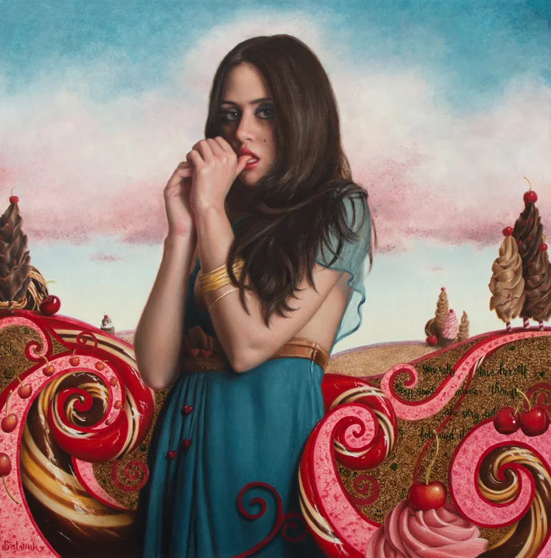 A woman wearing a blue dress sucking her thumb and surrounded by desserts and candy canes.