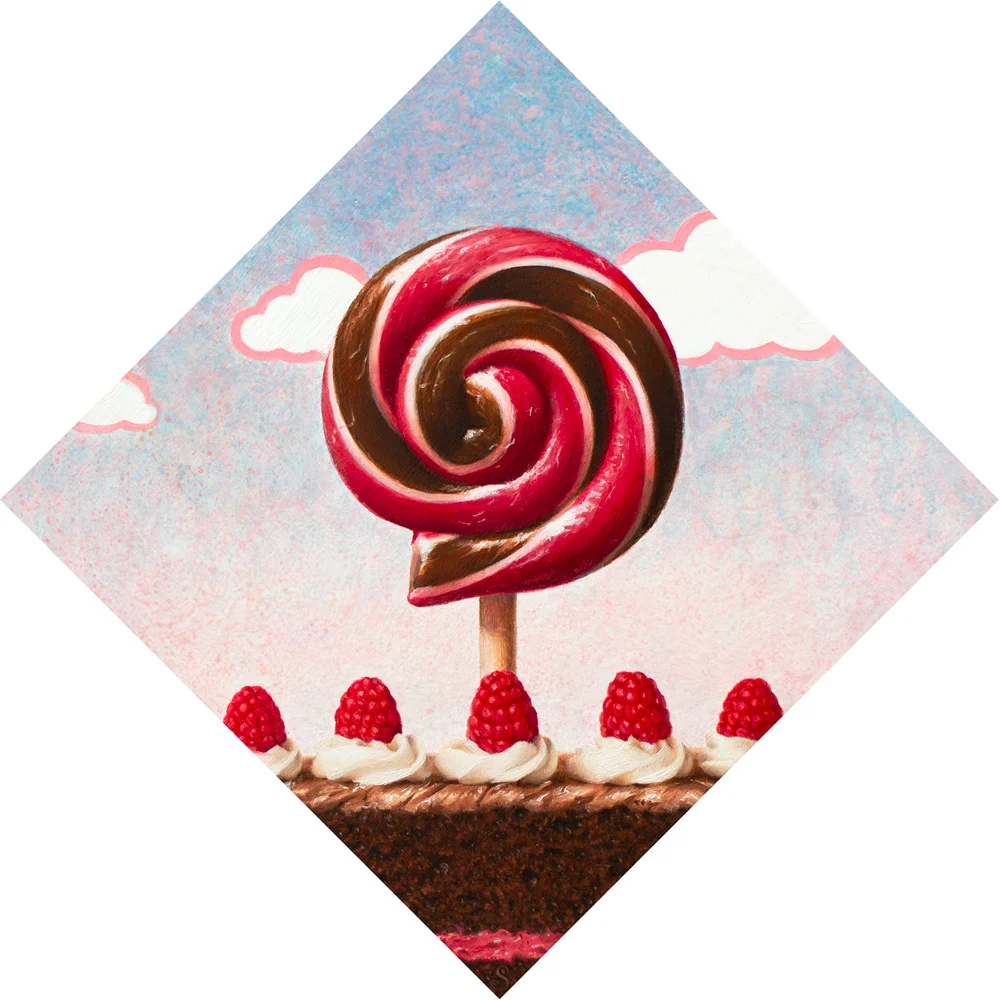 A painting of a magenta, brown and white lollipop, raspberries and chocolate cake.