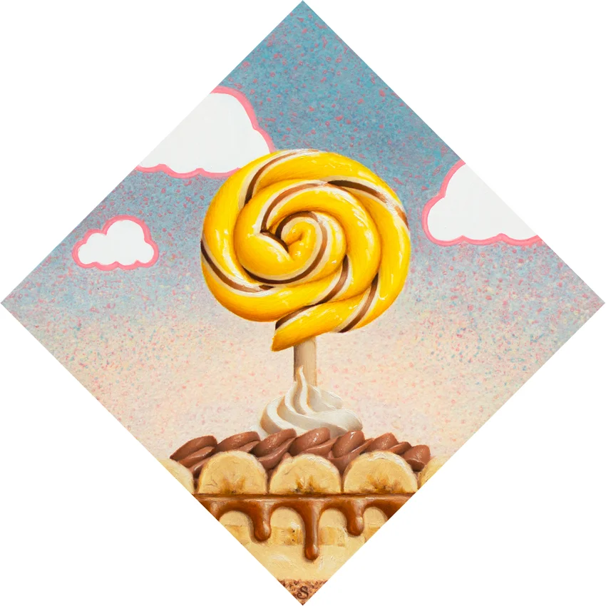 A painting of a yellow and white and brown lollipop over top of a banana cream pie.