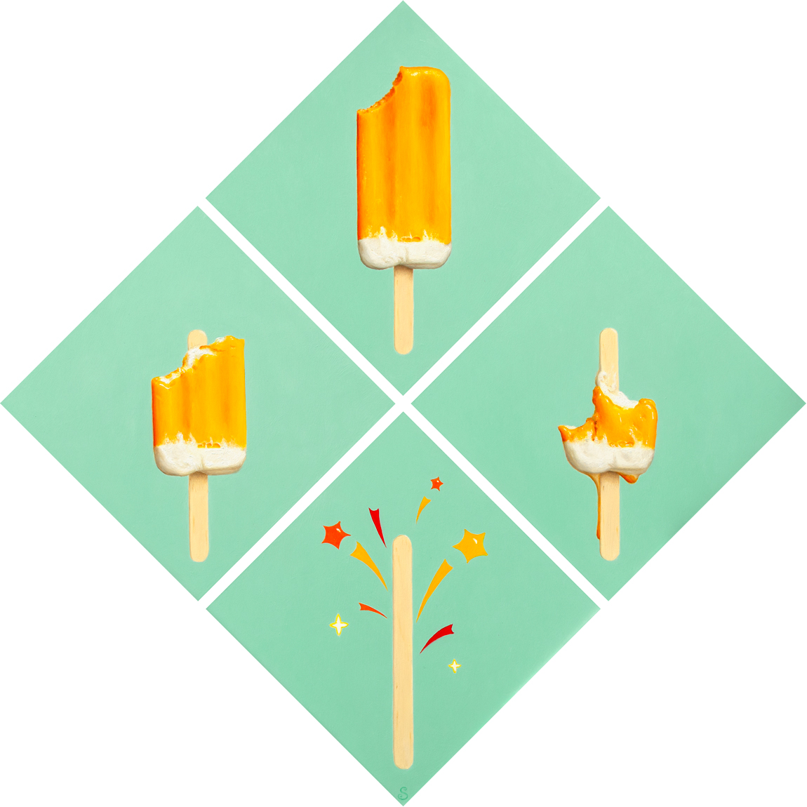 A painting of three creamsicles on a teal background.