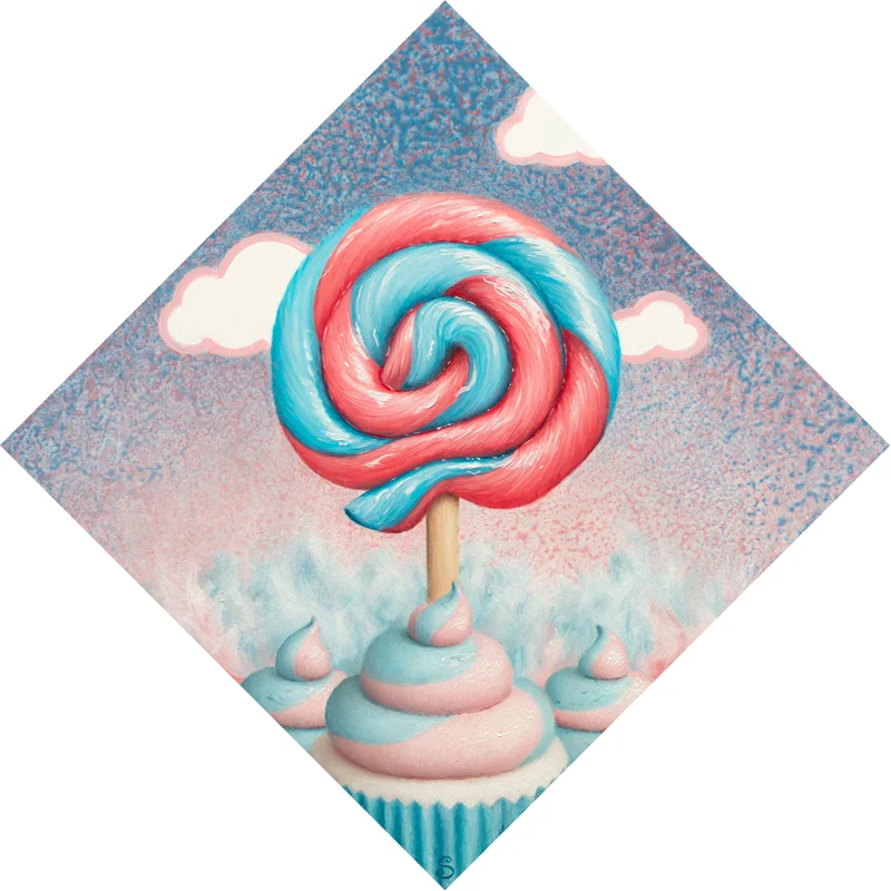 A painting of a blue and pink lollipop, cupcakes and cotton candy.