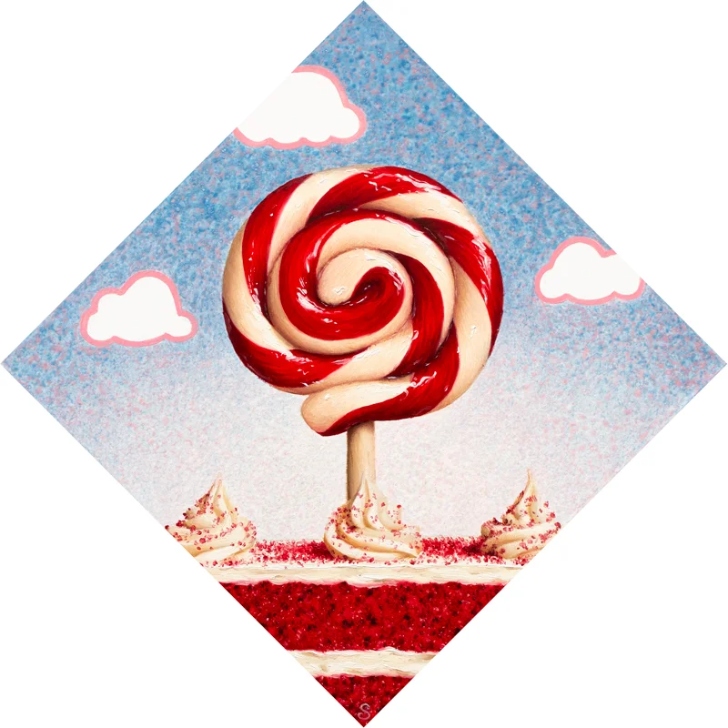 A painting of a red and white lollipop over top of a red velvet cake.