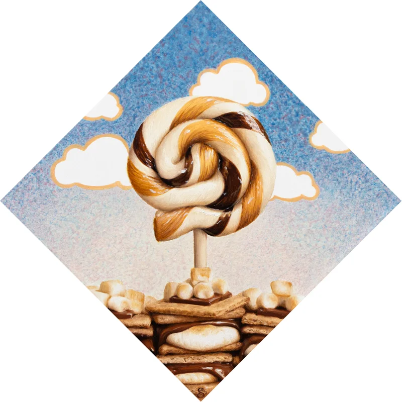 A painting of a brown and cream lollipop over top a pile of amores.