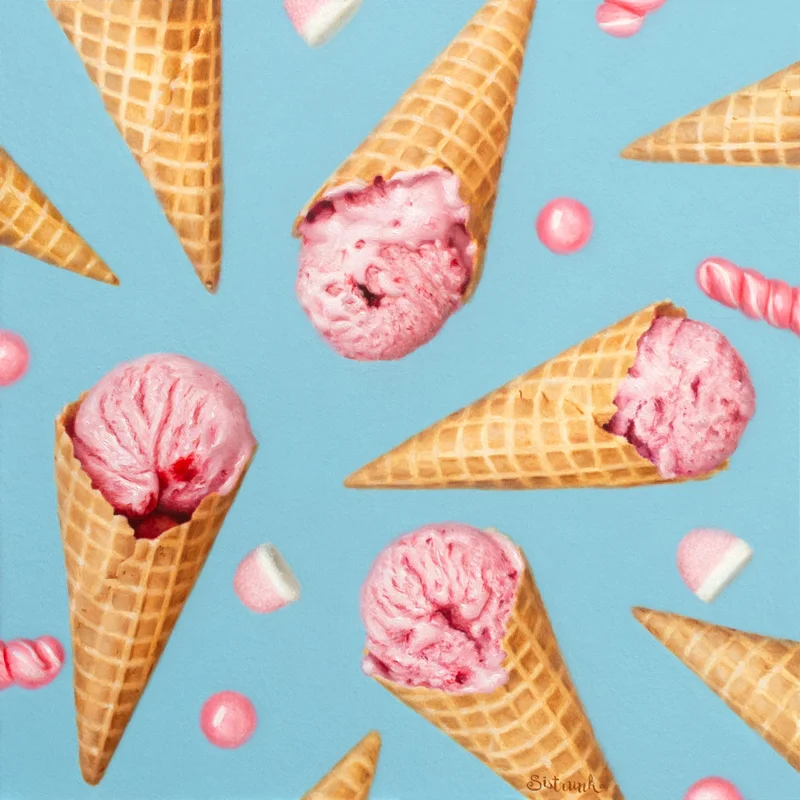 A painting of multiple strawberry ice cream cones, candies on a blue background.