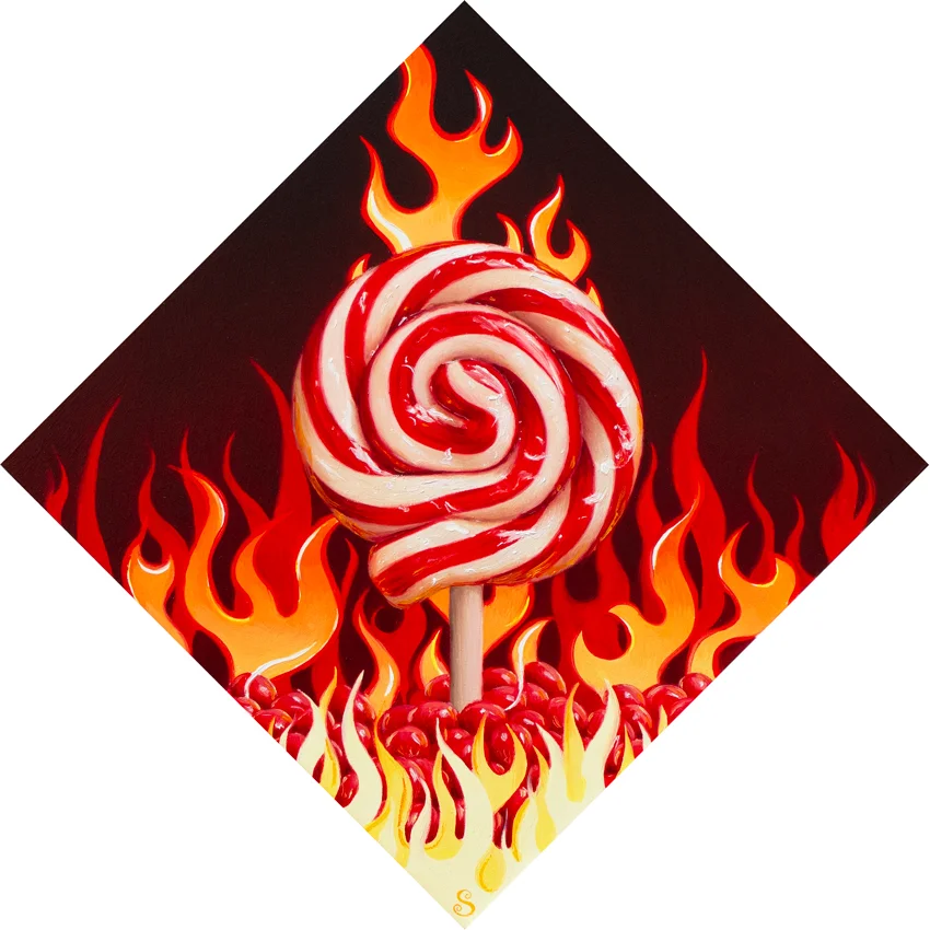 A painting of a red and white lollipop over top of red hot candies and flames.