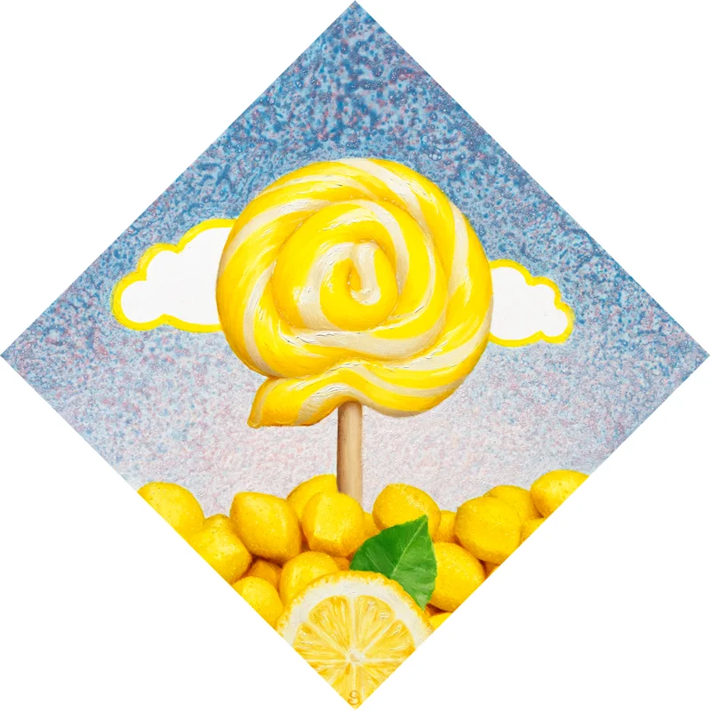 A painting of a yellow and white lollipop over top of a slice of lemon meringue pie.