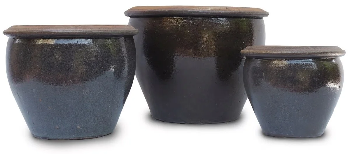 Rustic Coal Brown Glaze Thai Bell Pots - Assorted Set of 3