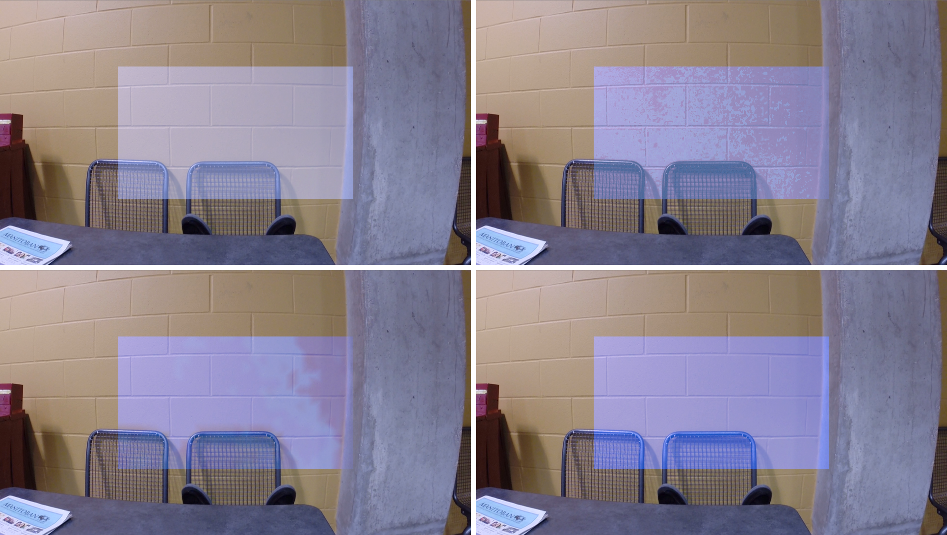 From Top Left to Bottom Right - 1) Not corrected, 2) Corrected using Fragment Shader Correction, 3) Corrected using Vertex shader Correction, 4) Corrected using Vertex Shader Correction + Voting mechanism