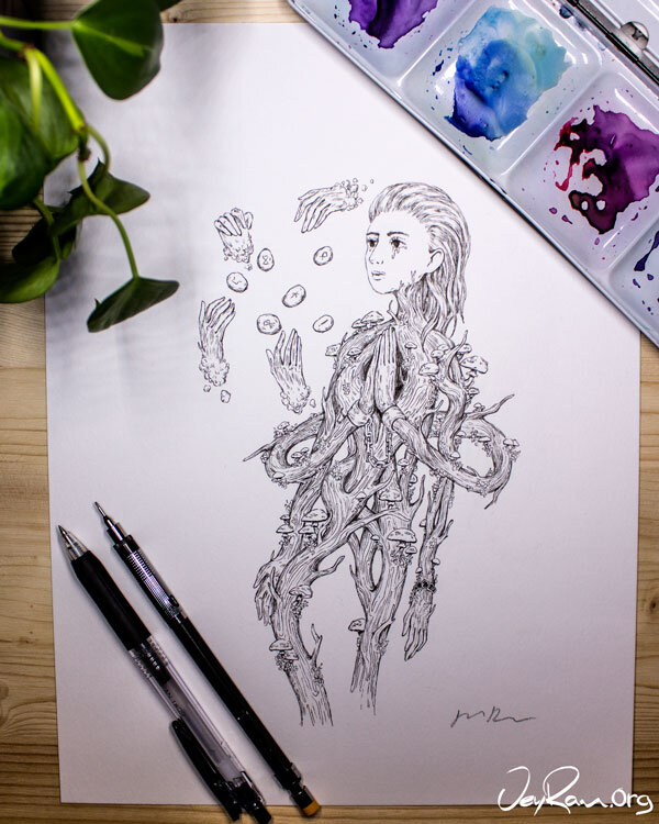 Mushroom Witch Ink Drawing :  Ballpoint Pen Art by JeyRam. I'm an artist from Toronto that specializes in nature inspired ink drawings! #inktober #inkart #originalart #inktober2019