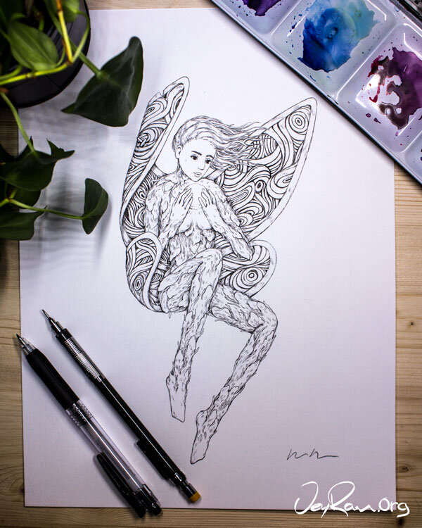 Fairy Fantasy Drawing: Ballpoint Pen Art by JeyRam. I'm an artist from Toronto that specializes in nature-inspired ink drawings! #inktober #inkart #fantasy #fairies #fairy