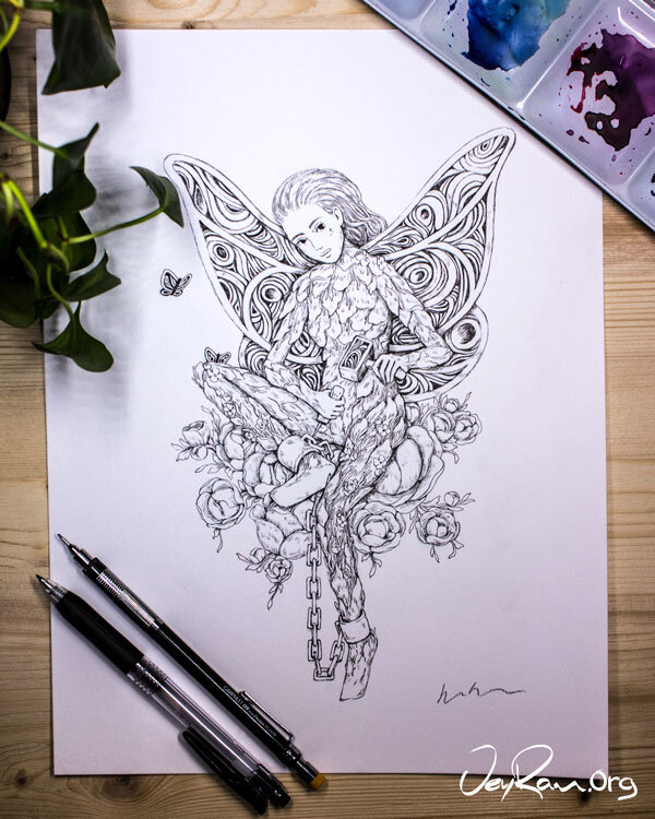 Fairy Fantasy Drawing: Ballpoint Pen Art by JeyRam. I'm an artist from Toronto that specializes in nature-inspired ink drawings! #inktober #inkart #fantasy #fairies #fairy