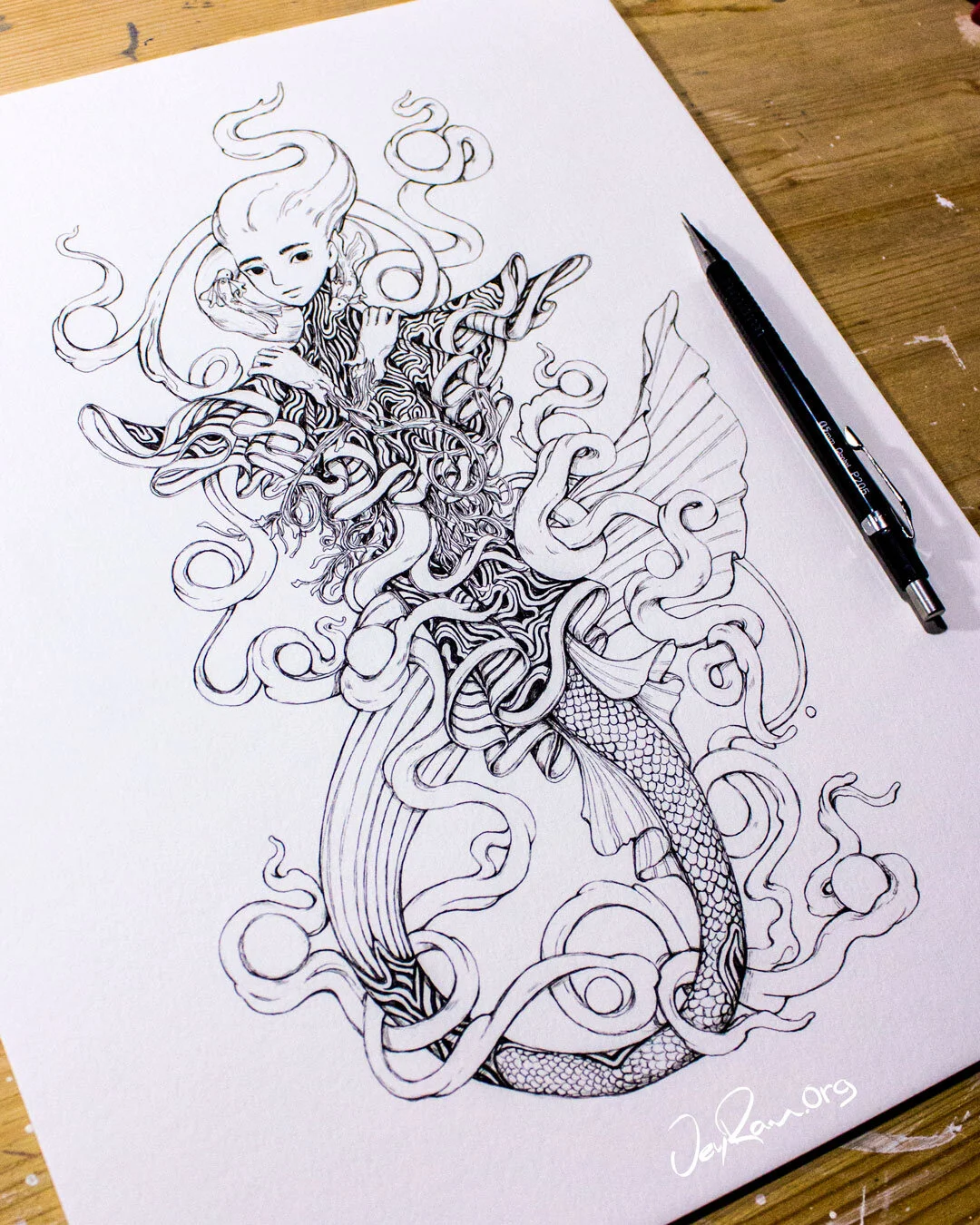Ink Drawing - Pisces Zodiac Sign by JeyRam