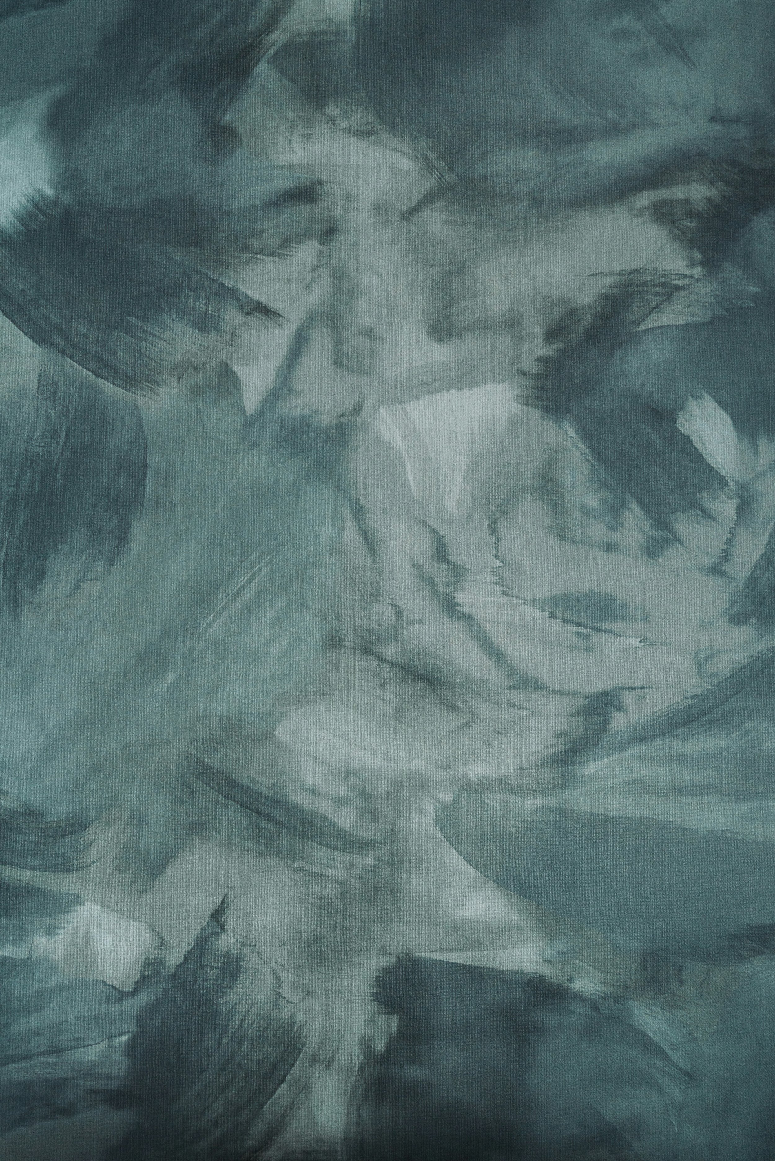 Abstract painting with broad brushstrokes in shades of blue, green, and gray.