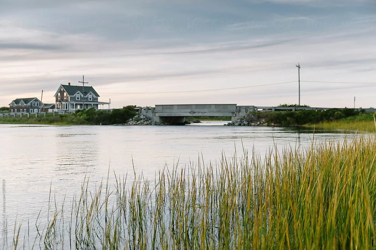 House near a river or marsh with a small bridge and tall grasses in the foreground.