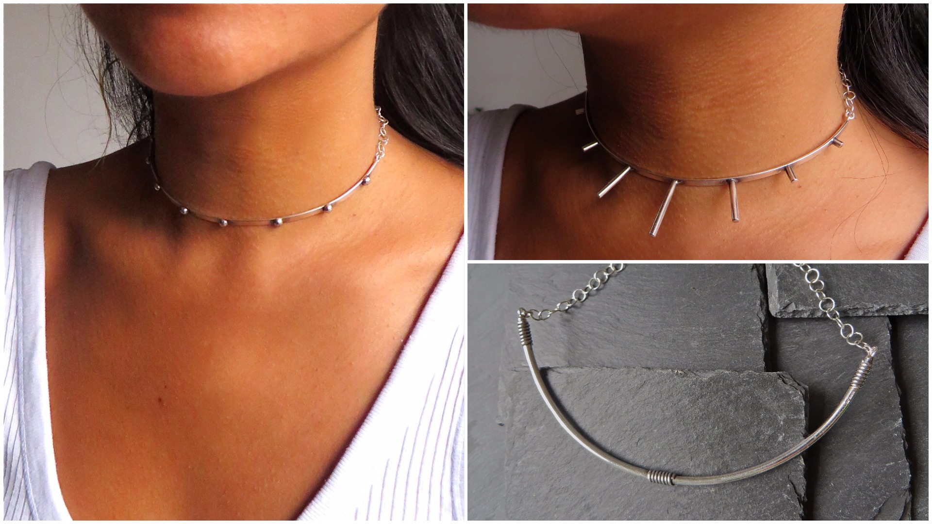 The Silver Studded Punk Choker has a delicate strength. The Silver Punk Sunshine Choker is elegantly fierce and the Silver Wrap Choker is a sexy classic. 