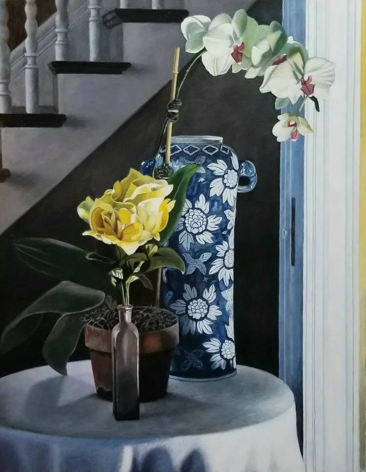 Still Life and Stairs, oil on panel, 28x22 inches