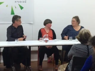 Left: Moderator Peter Feeny, Centre: Panellist Molly Mullens, Right: Panellist Artist Erica Tiedmann