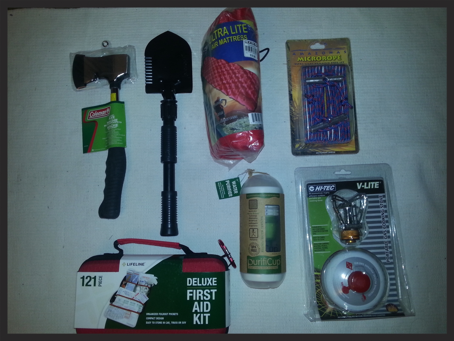 Finally, I am able to check off SOME stuff of my extensive checklist ..check, check, check. - Camping axe for splitting fire wood - Shovel for digging myself out of the mud - Lightweight air mattress, actually floats on air - Micro hammock, maybe I want to sleep between two palm trees somewhere on a tropical beach instead a 5-star hotel - 121 piece Deluxe First Aid kit, inflatable nurse included - Water purifier, turns water in to beer - V-Lite camping stove, for whipping up gourmet meals in the middle of nowhere More shopping tomorrow. Ahhhhh, I love shopping :-) - -