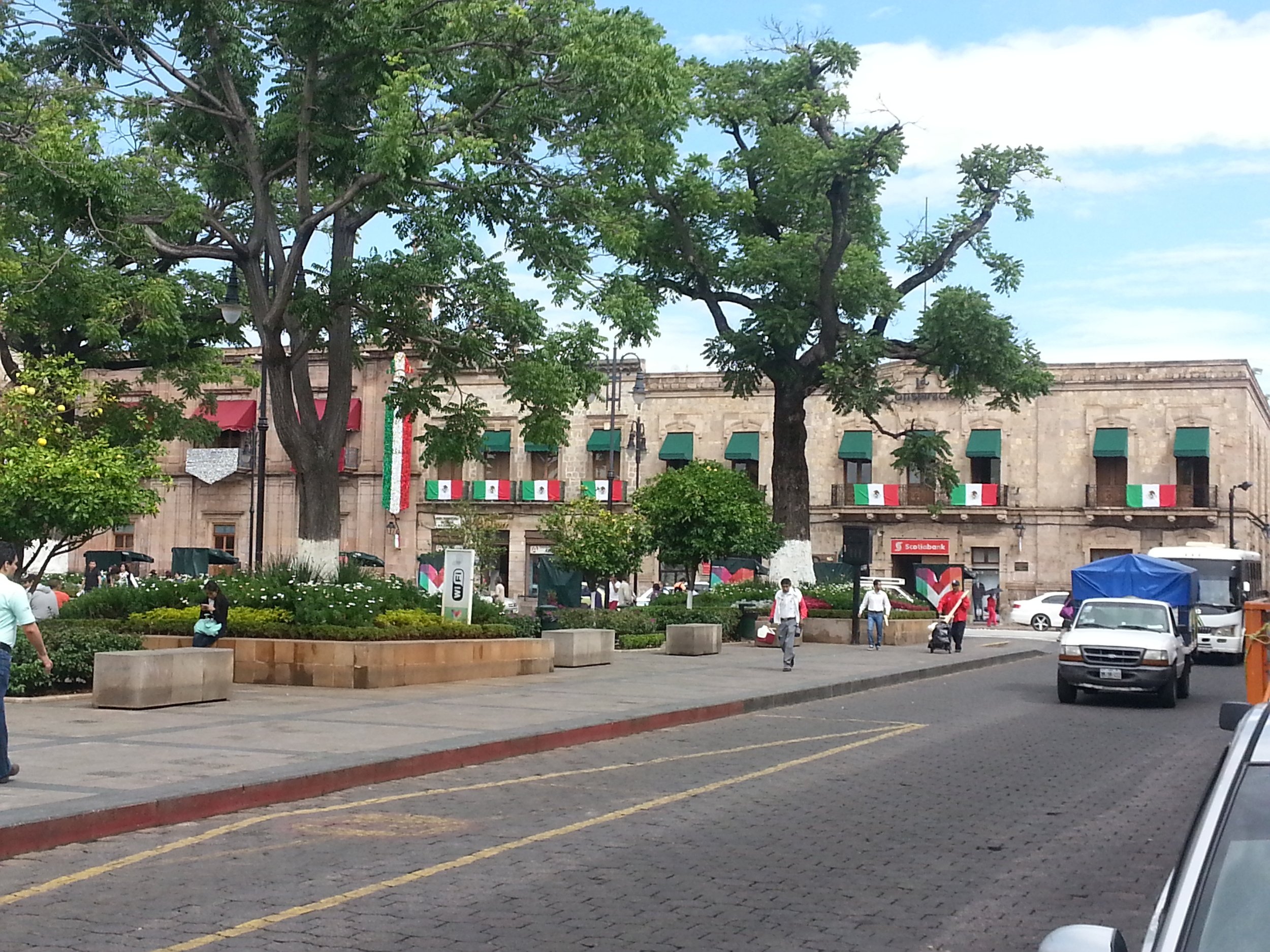 Buildings still decorated from Mexican Independence Day